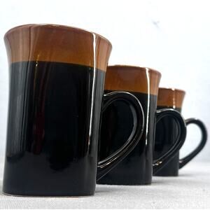 3 Royal Norfolk Stoneware Coffee Mugs 14 oz Square Black Brown Cabin Farmhouse